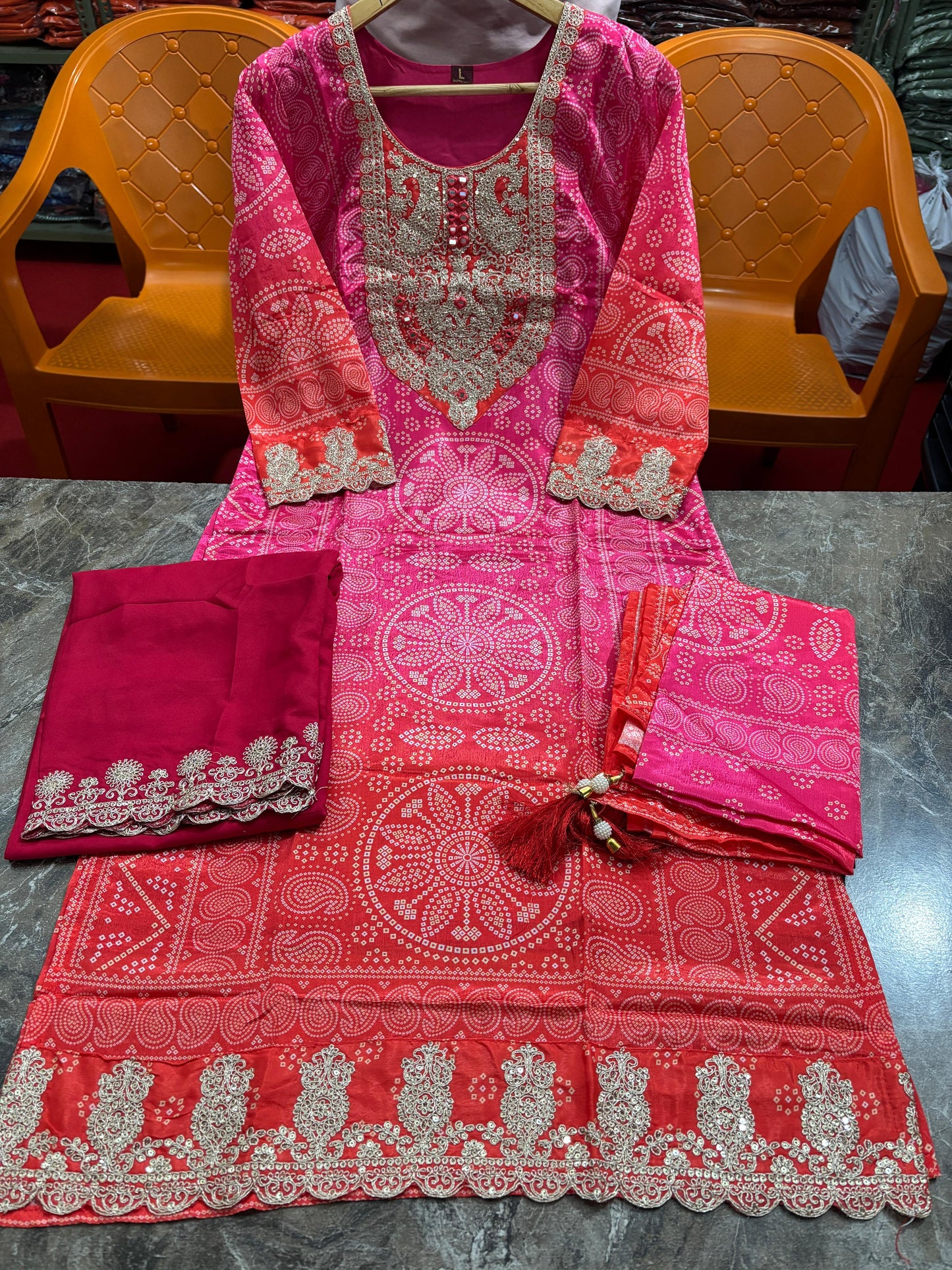 Designer Pink & Orange Bandhani Suit Set with Heavy Neck Embroidery