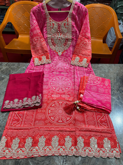 Designer Pink & Orange Bandhani Suit Set with Heavy Neck Embroidery