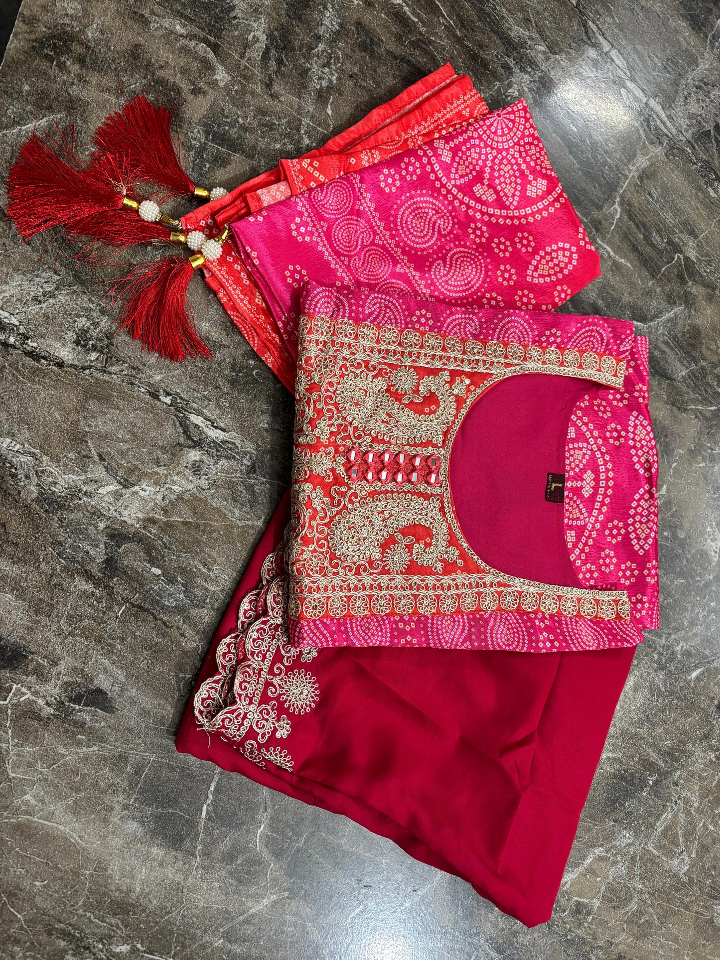Designer Pink & Orange Bandhani Suit Set with Heavy Neck Embroidery