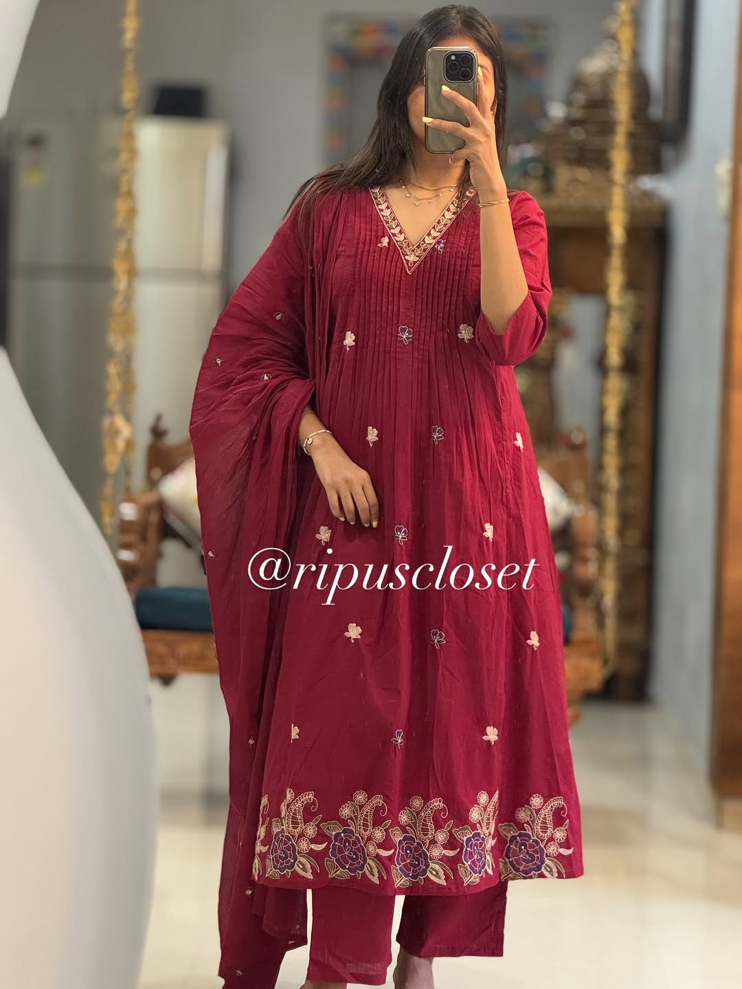 Maroon V-Neck Embroidered 3-Piece Kurta Set