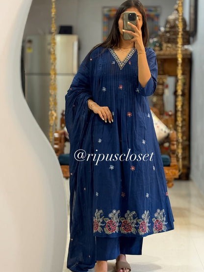 Blue V-Neck Embroidered 3-Piece Kurta Set