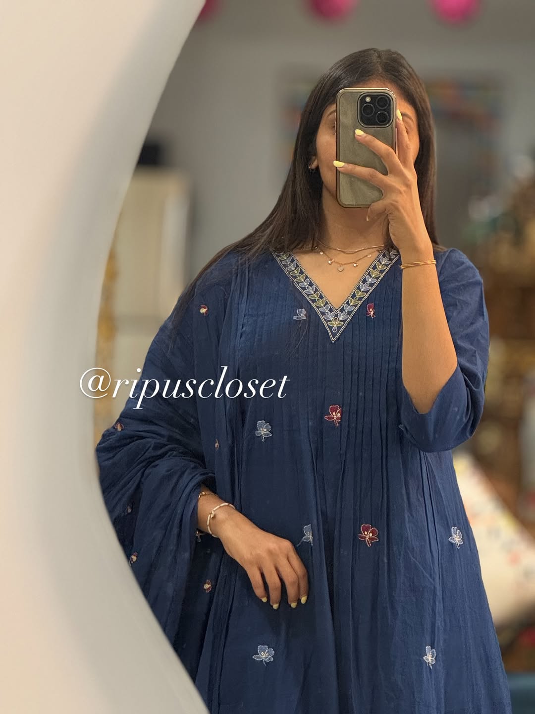Blue V-Neck Embroidered 3-Piece Kurta Set