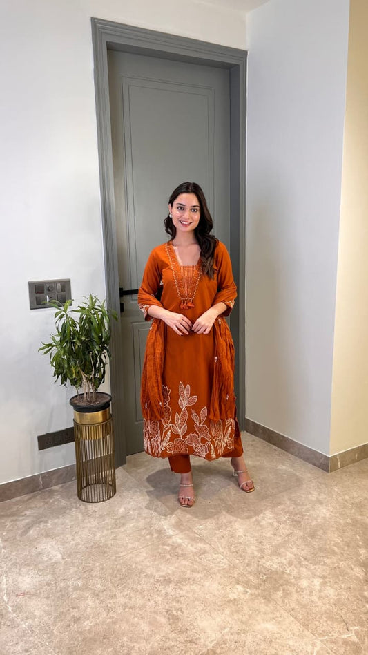 Rust Pure Cotton Suit Set With Heavy Threadwork On The Sleeves and Daman