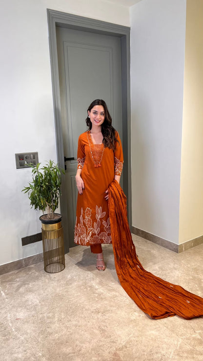 Rust Pure Cotton Suit Set With Heavy Threadwork On The Sleeves and Daman