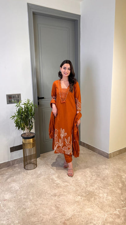 Rust Pure Cotton Suit Set With Heavy Threadwork On The Sleeves and Daman