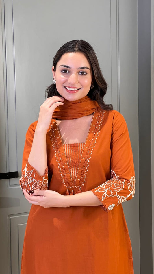 Rust Pure Cotton Suit Set With Heavy Threadwork On The Sleeves and Daman