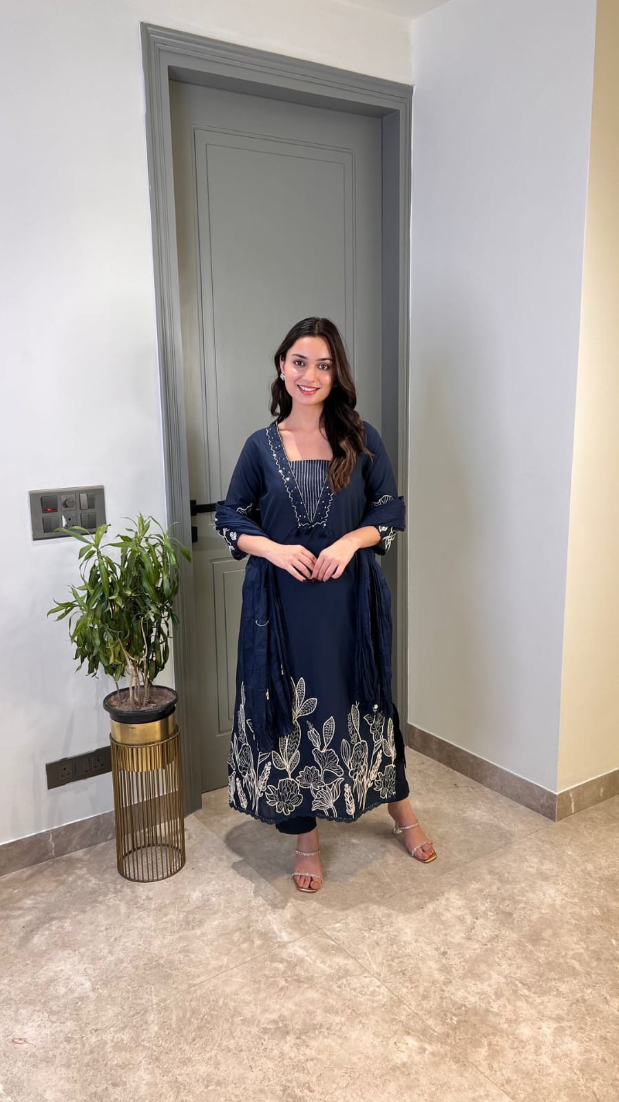 Blue Pure Cotton Suit Set With Heavy Threadwork On The Sleeves and Daman