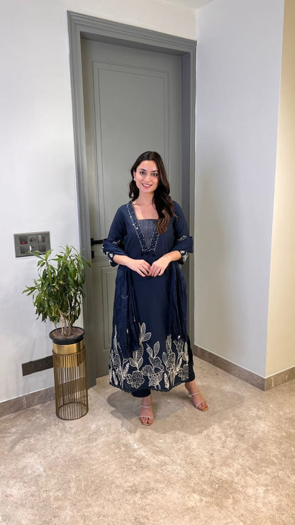 Blue Pure Cotton Suit Set With Heavy Threadwork On The Sleeves and Daman