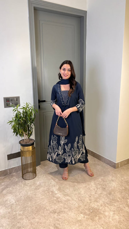 Blue Pure Cotton Suit Set With Heavy Threadwork On The Sleeves and Daman