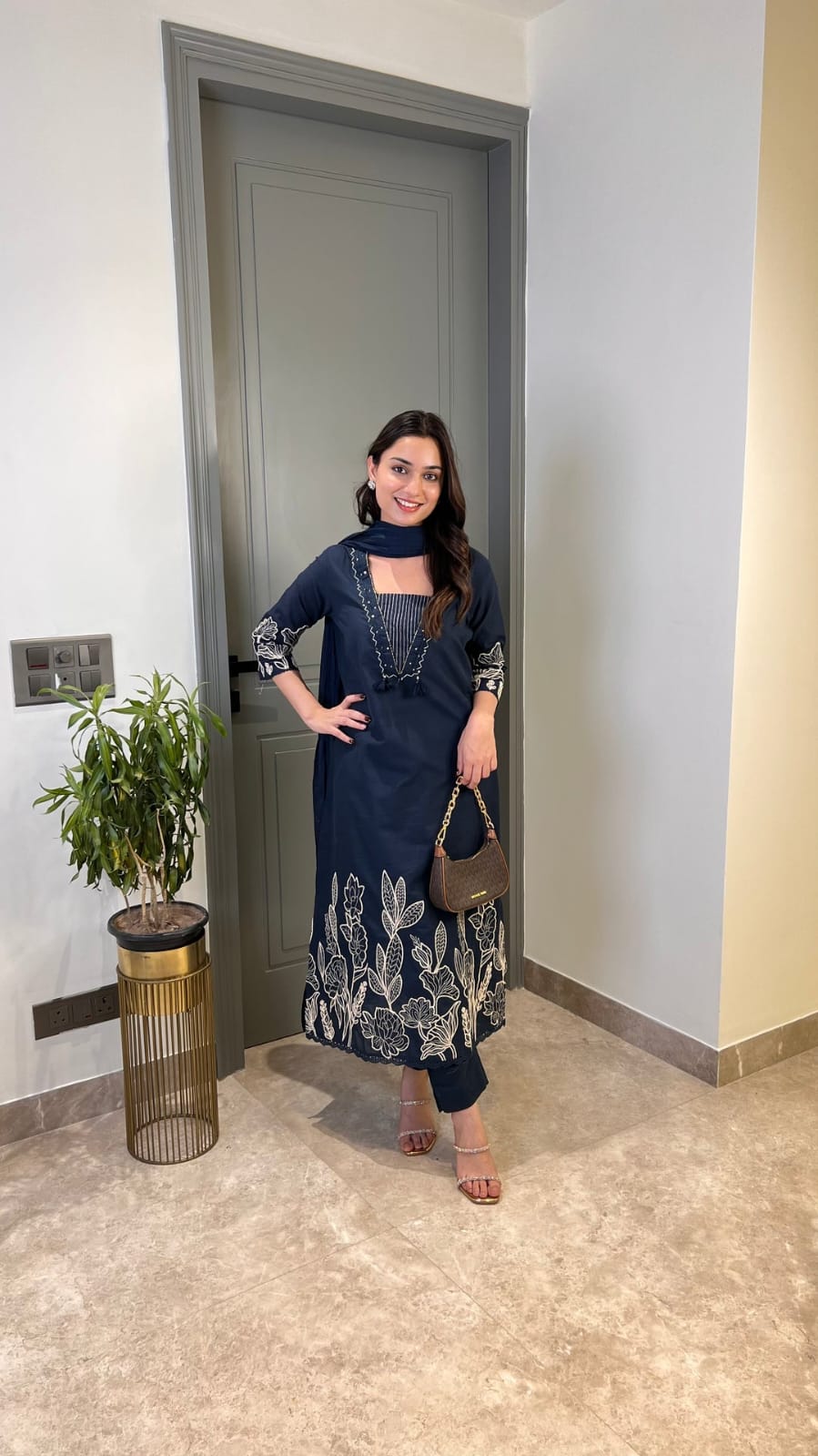 Blue Pure Cotton Suit Set With Heavy Threadwork On The Sleeves and Daman