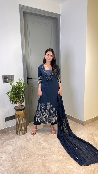 Blue Pure Cotton Suit Set With Heavy Threadwork On The Sleeves and Daman