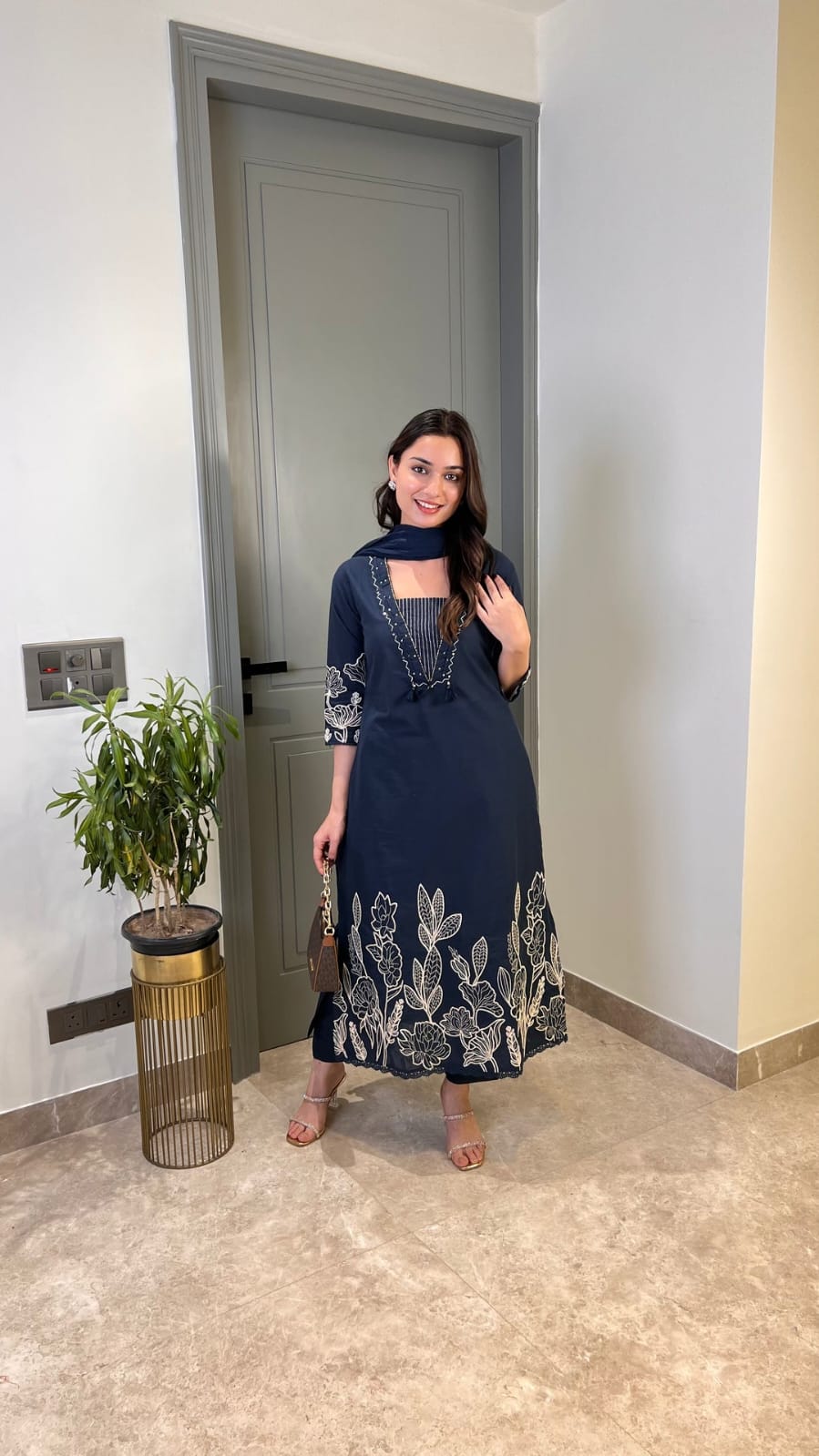 Blue Pure Cotton Suit Set With Heavy Threadwork On The Sleeves and Daman