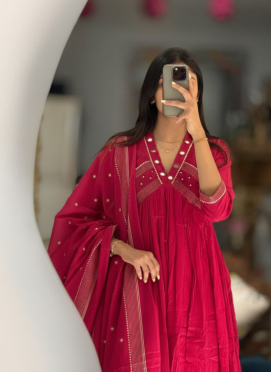 Red Mul Cotton Designer Embroidered Anarkali 3 Piece Set