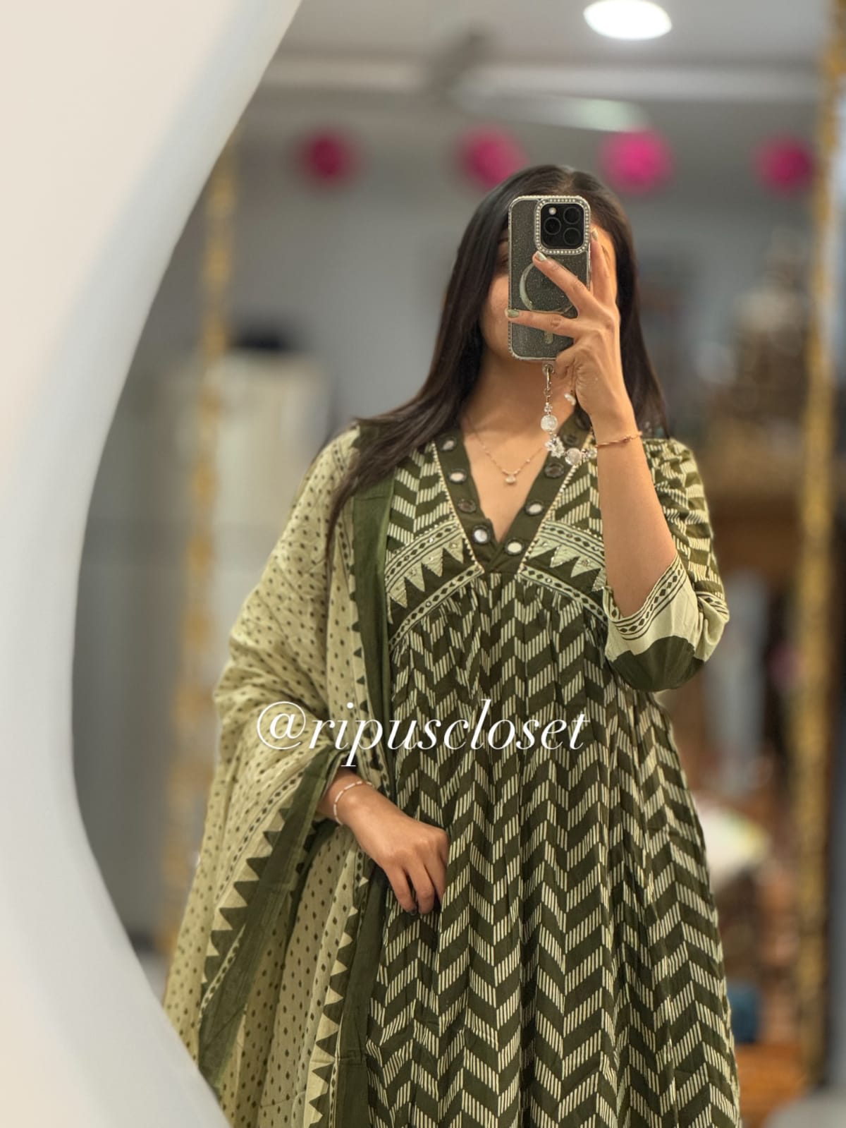 Olive Chevron Anarkali Suit Set