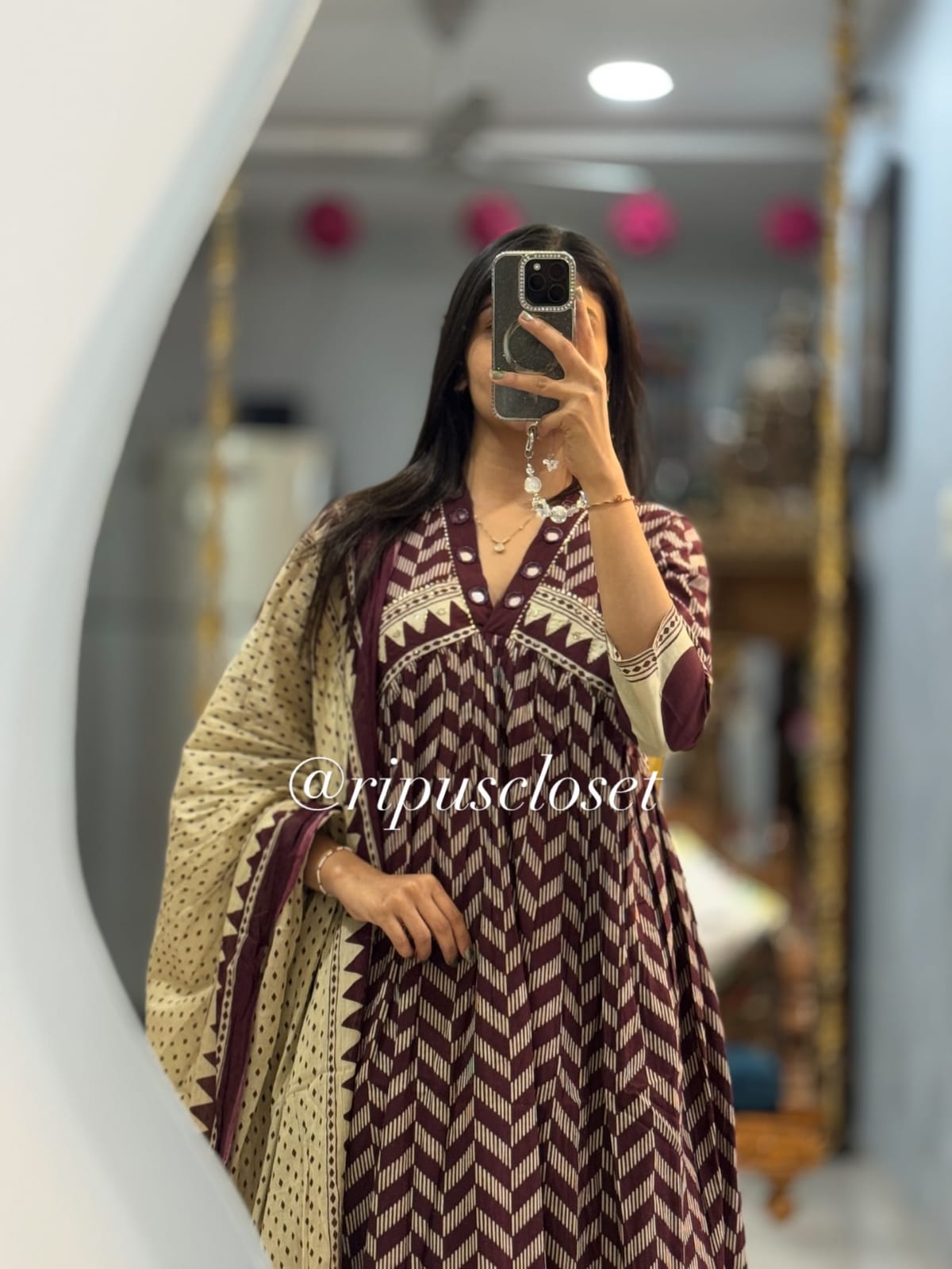 Maroon Chevron Anarkali Suit Set