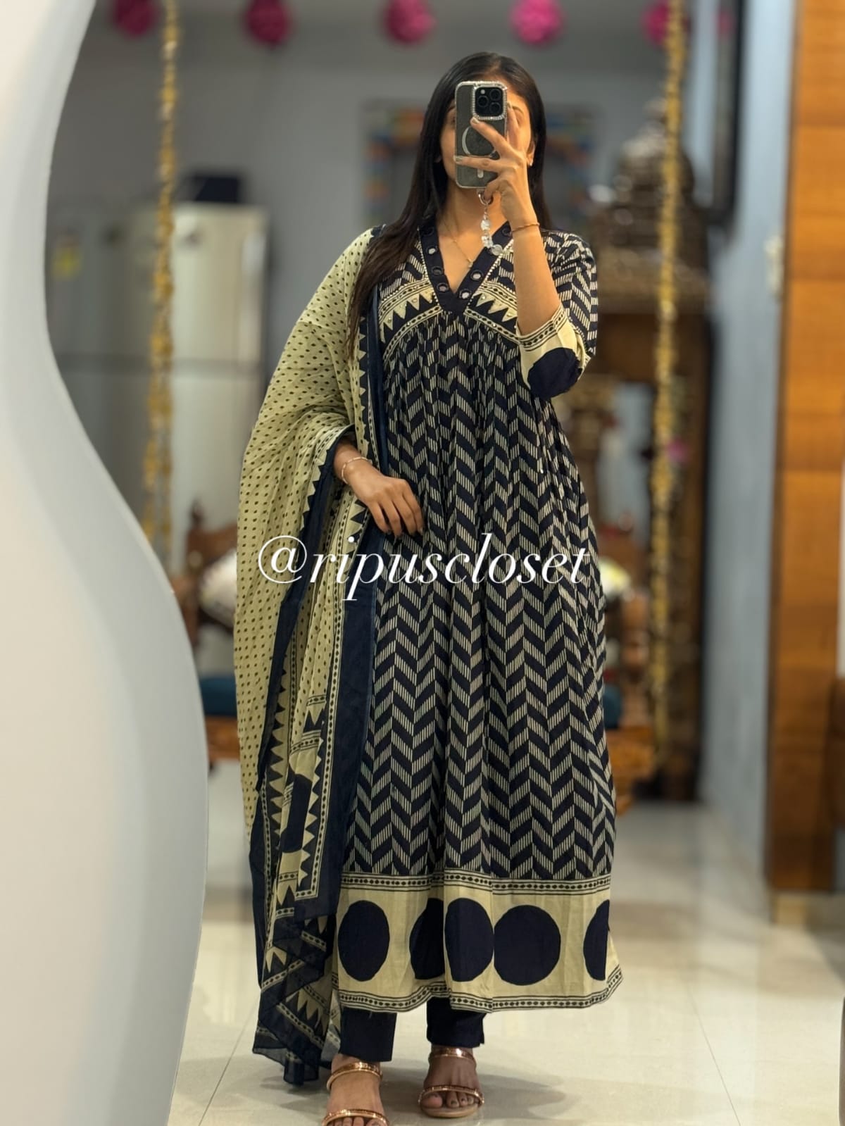 Dark Blue Chevron Anarkali Suit Set