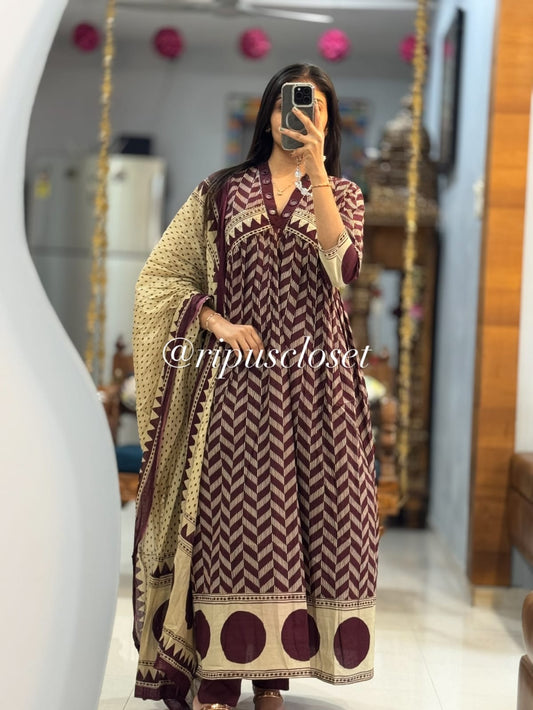 Maroon Chevron Anarkali Suit Set