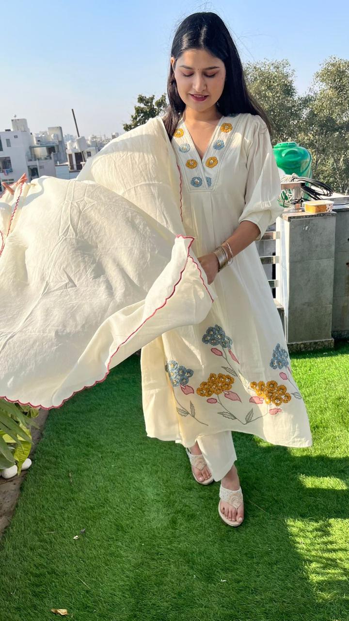 Ivory Bloom Embroidered Anarkali Kurta Set