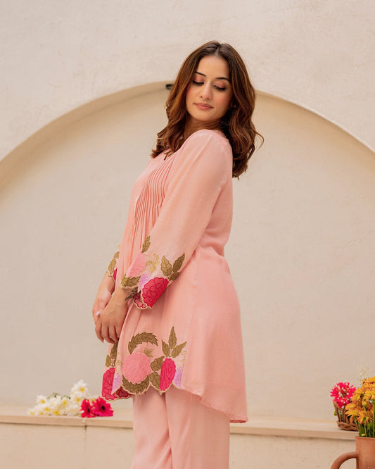 Peach Blossom Embroidered Kurta Set