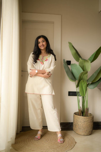 White Embroidery Cotton Co Ord Set