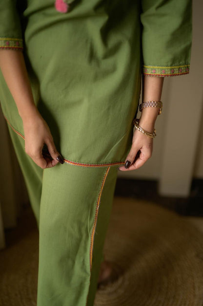 Olive Green Embroidery Cotton Co Ord Set