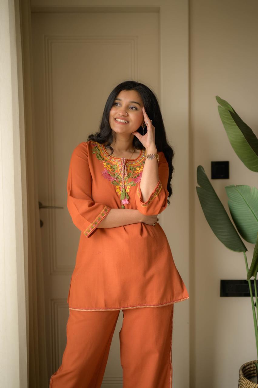 Rust Orange Embroidery Cotton Co Ord Set