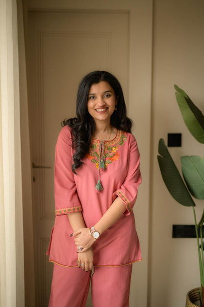 Pink Embroidery Cotton Co Ord Set
