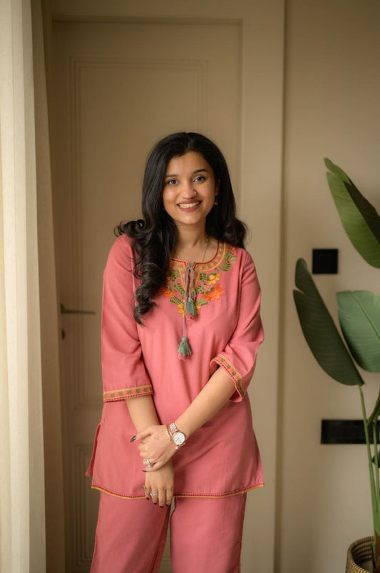 Pink Embroidery Cotton Co Ord Set