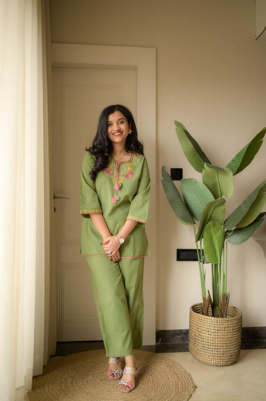 Olive Green Embroidery Cotton Co Ord Set