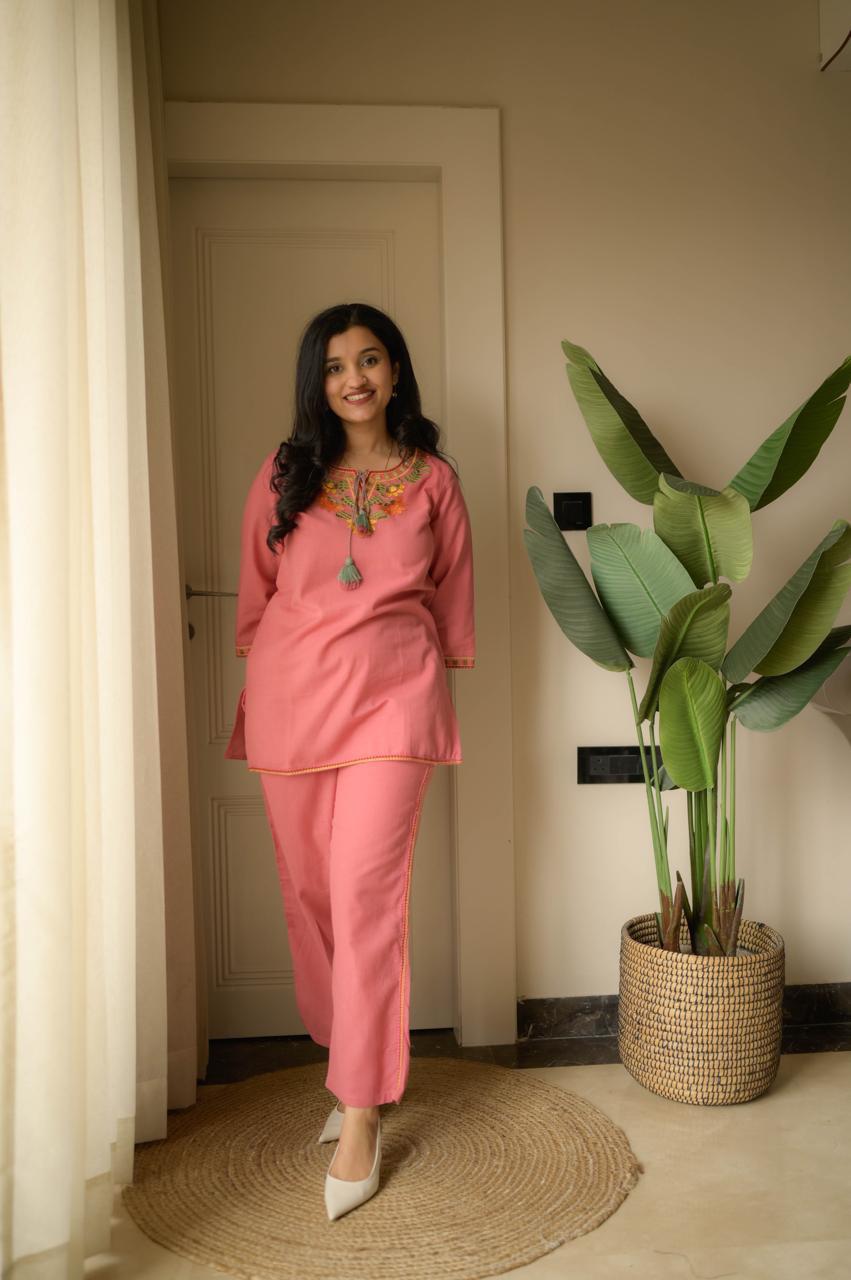 Pink Embroidery Cotton Co Ord Set