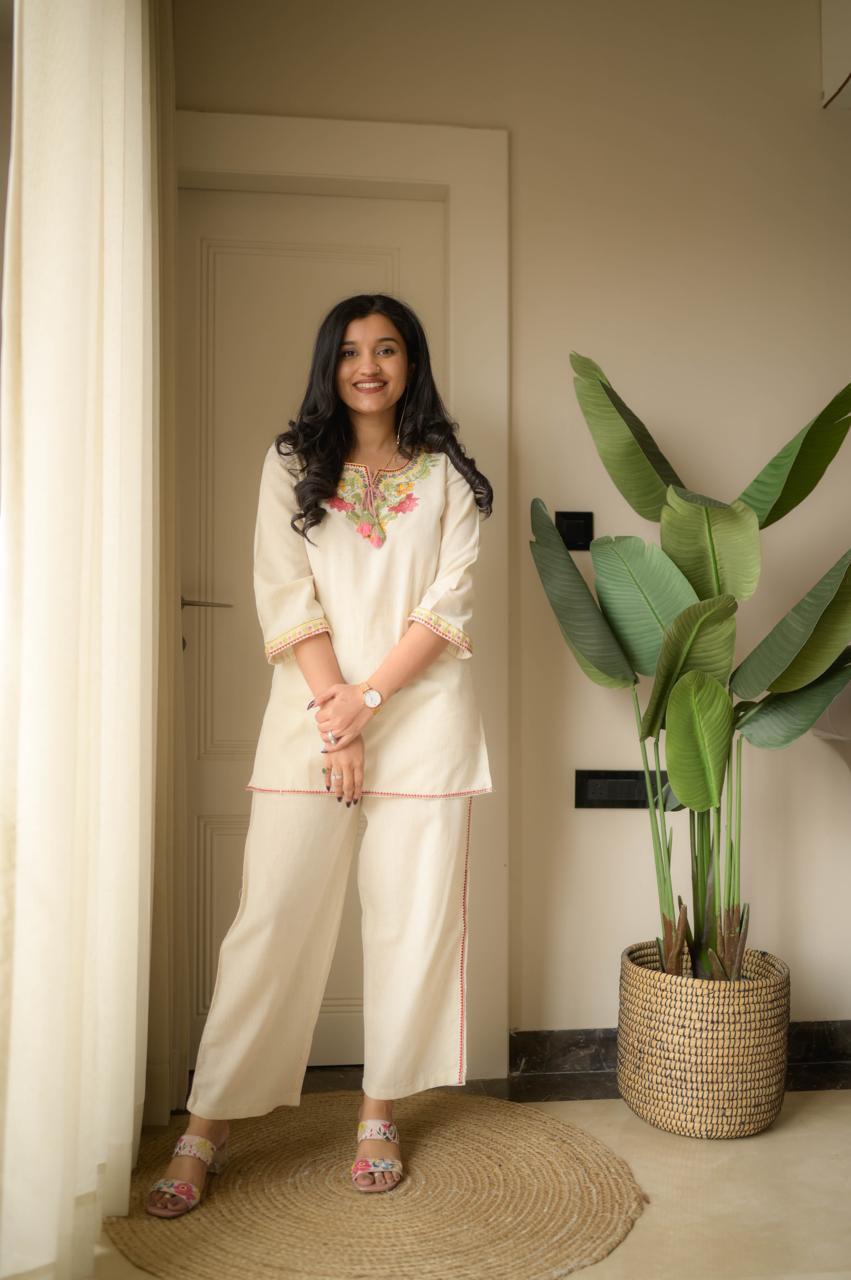White Embroidery Cotton Co Ord Set