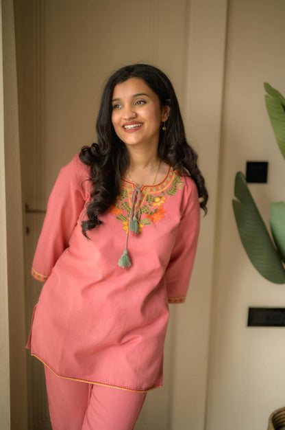 Pink Embroidery Cotton Co Ord Set
