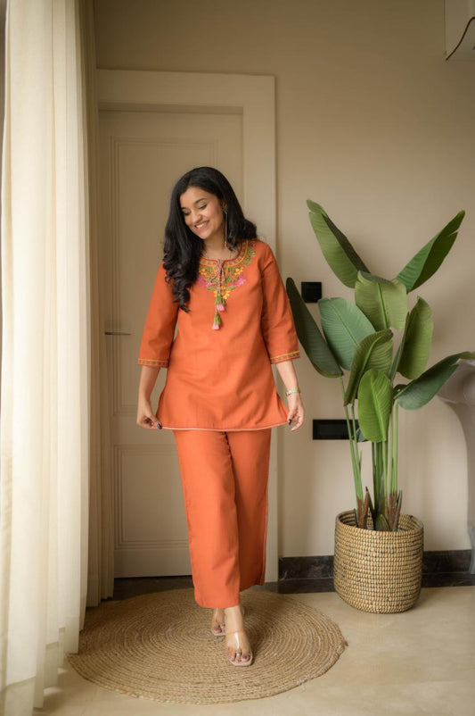 Rust Orange Embroidery Cotton Co Ord Set