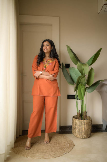 Rust Orange Embroidery Cotton Co Ord Set
