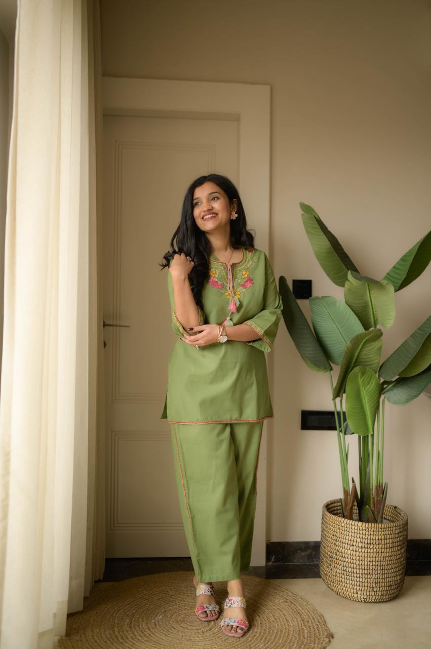 Olive Green Embroidery Cotton Co Ord Set