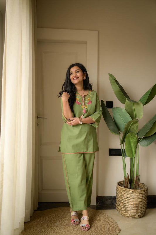 Olive Green Embroidery Cotton Co Ord Set