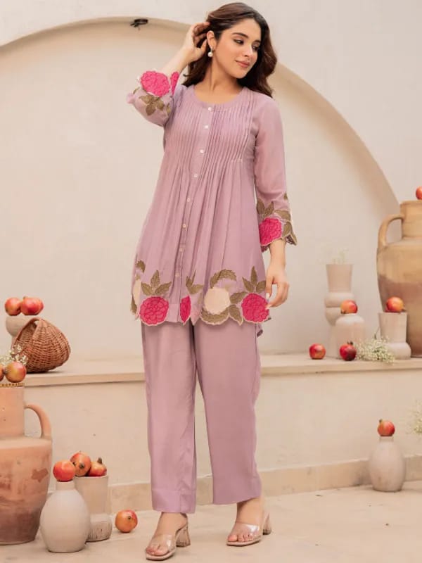 Pruple Blossom Embroidered Kurta Set