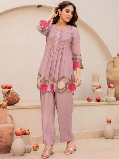 Pruple Blossom Embroidered Kurta Set