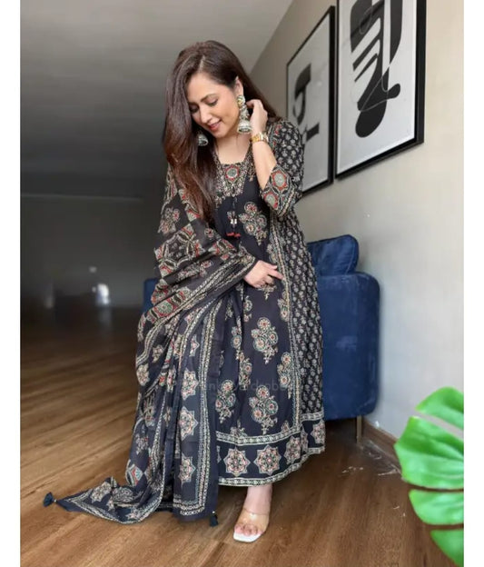 Black Ajrakh Print Anarkali Suit Set for Women