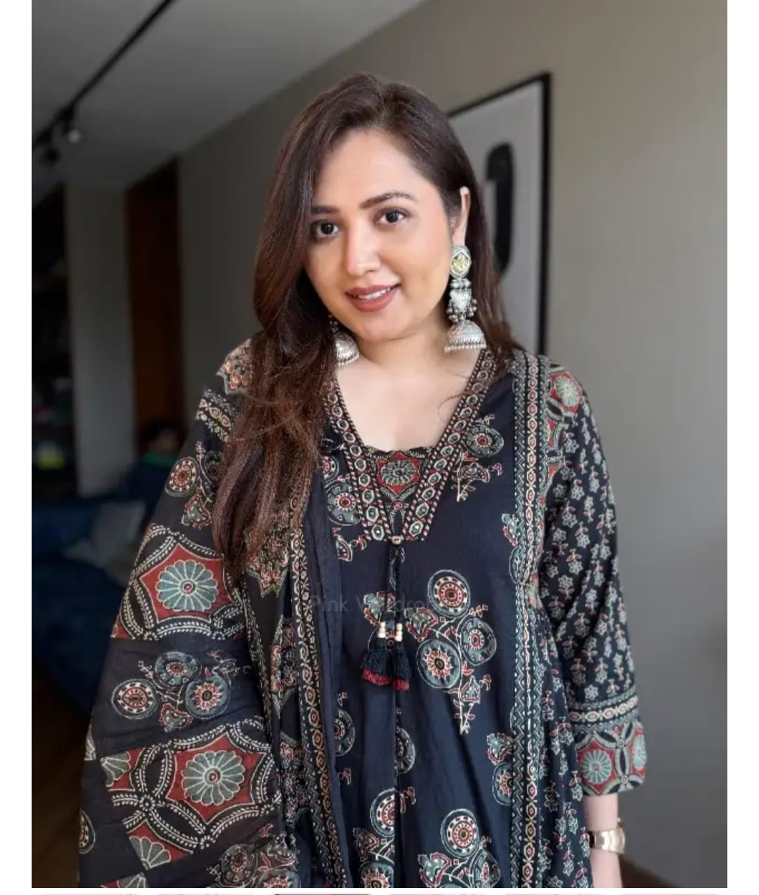 Black Ajrakh Print Anarkali Suit Set for Women