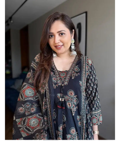 Black Ajrakh Print Anarkali Suit Set for Women