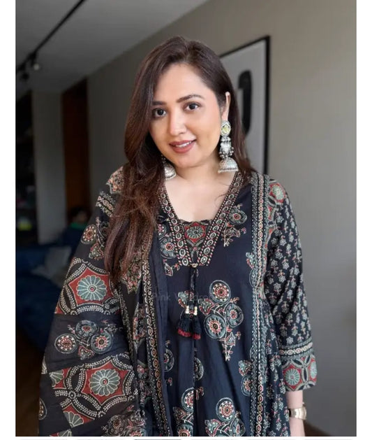 Black Ajrakh Print Anarkali Suit Set for Women