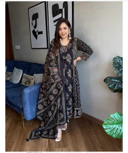 Black Ajrakh Print Anarkali Suit Set for Women