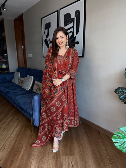 Maroon Ajrakh Print Anarkali Suit Set for Women