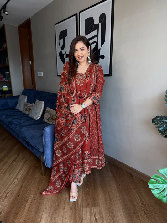 Maroon Ajrakh Print Anarkali Suit Set for Women