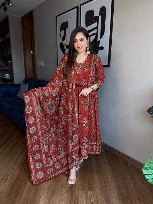 Maroon Ajrakh Print Anarkali Suit Set for Women