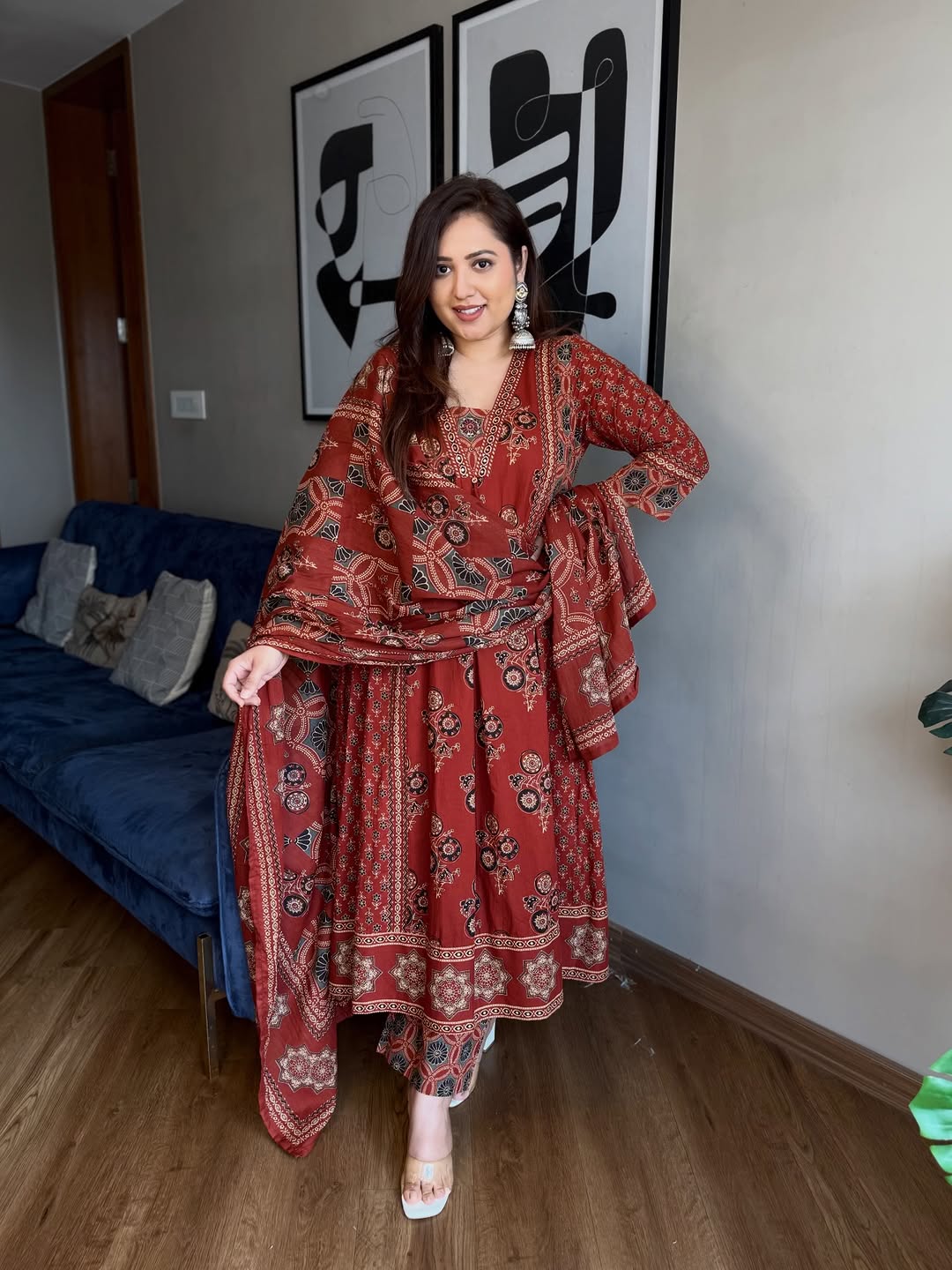 Maroon Ajrakh Print Anarkali Suit Set for Women