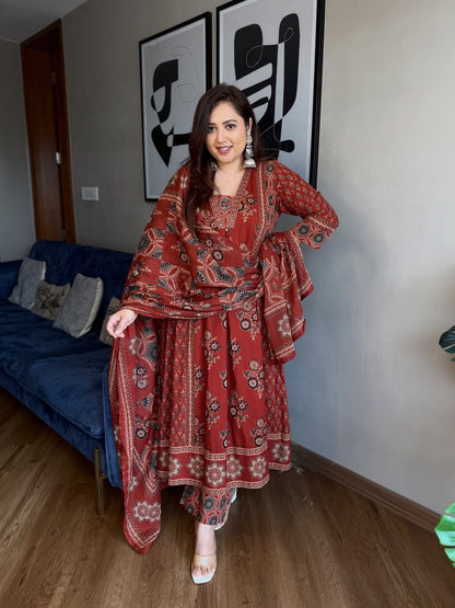 Maroon Ajrakh Print Anarkali Suit Set for Women