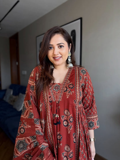 Maroon Ajrakh Print Anarkali Suit Set for Women