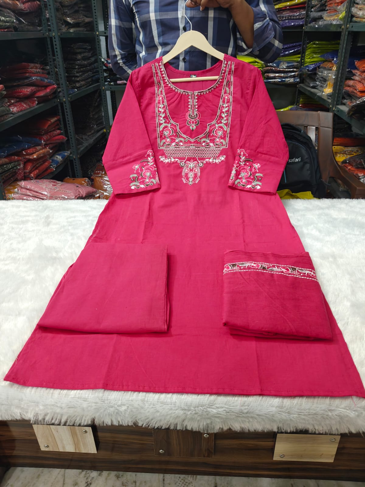 Pink Embroidered Cotton Kurta Pant Dupatta Set